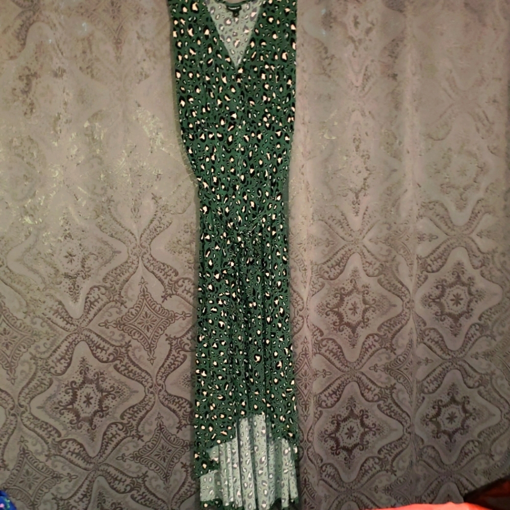 Green and beige cheetah print high low dress